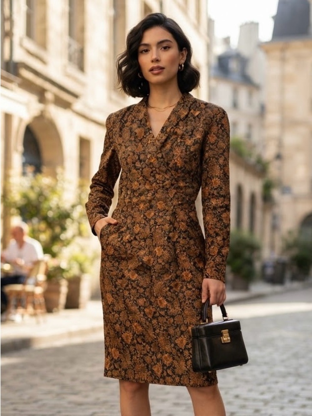 Miss Selfridge Vintage Floral Print Long Sleeve Midi Dress Chocolate Brown Rust